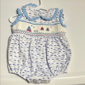 Stitchy Fish Blue and White Baby Romper with Sailboat Design